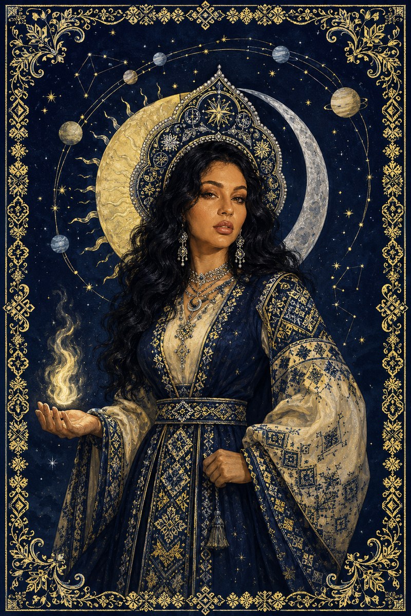 Illustrated portrait of Dominika as a Slavic goddess, crowned with sun and moon against a night sky