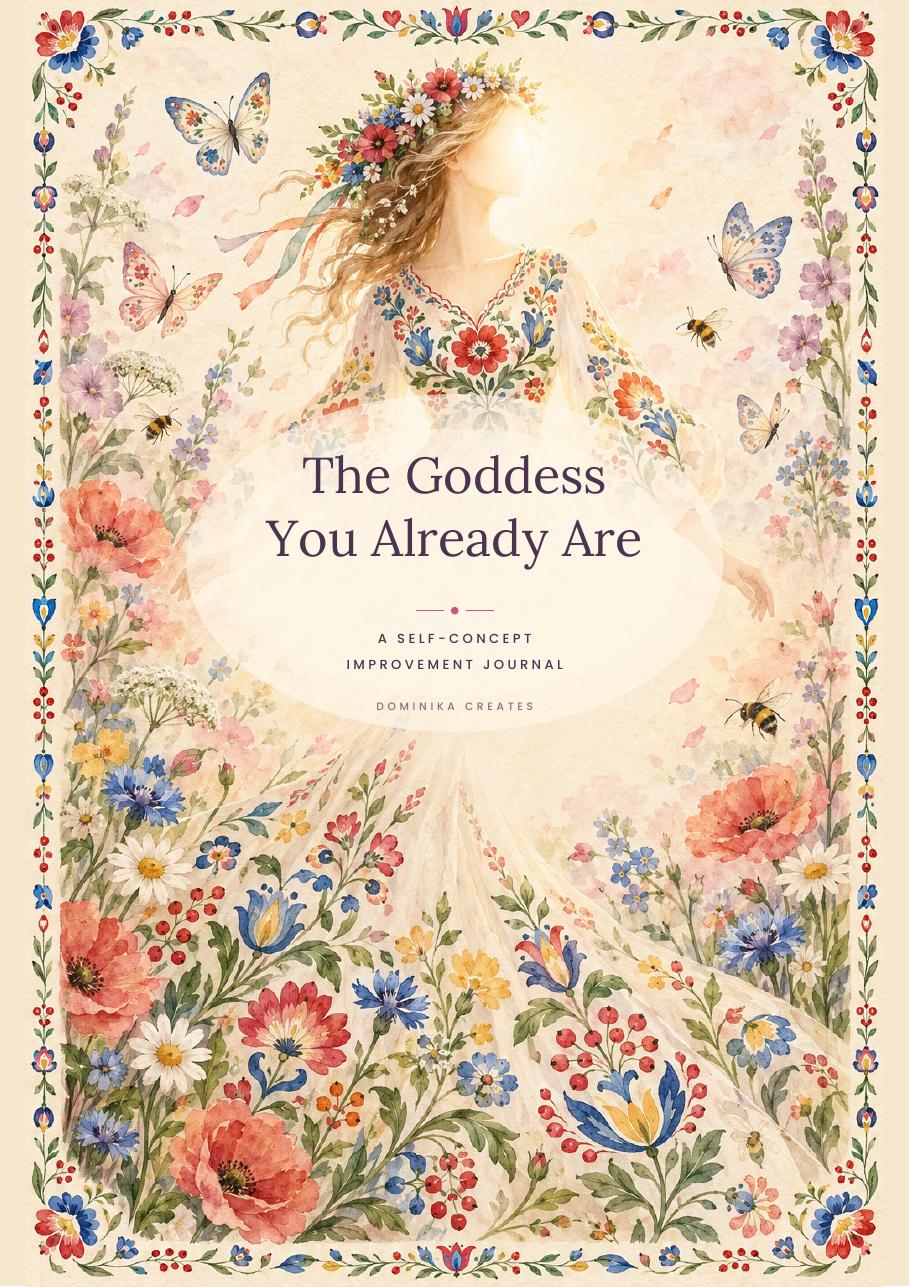 Cover of The Goddess You Already Are: a woman crowned with flowers inside a border of folk flowers, butterflies and bees