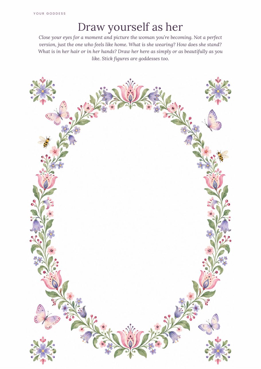 The Draw yourself as her page: an empty oval framed by a wreath of folk flowers and butterflies