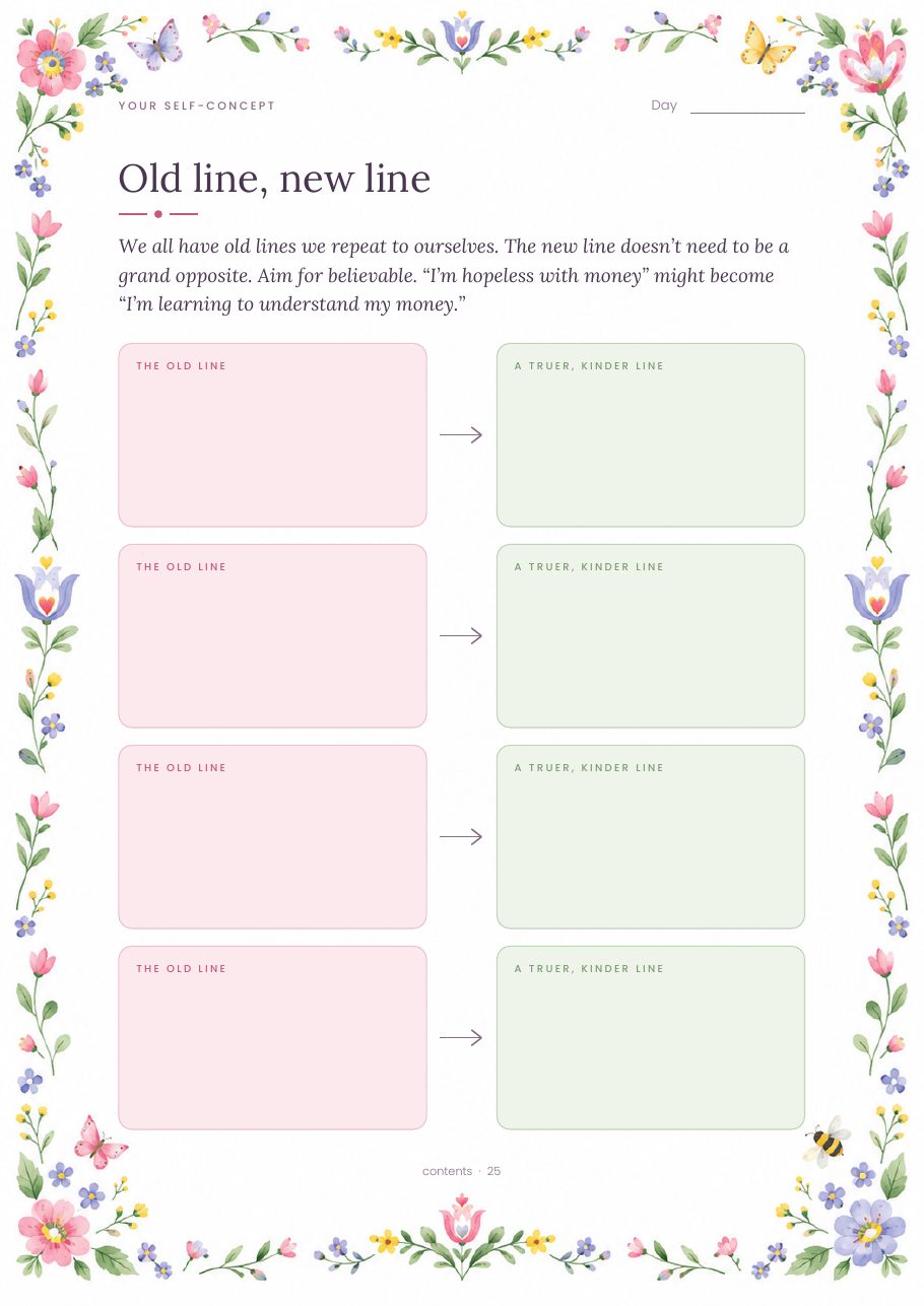 The Old line, new line page: four pairs of boxes, a pink old line and a green truer, kinder line