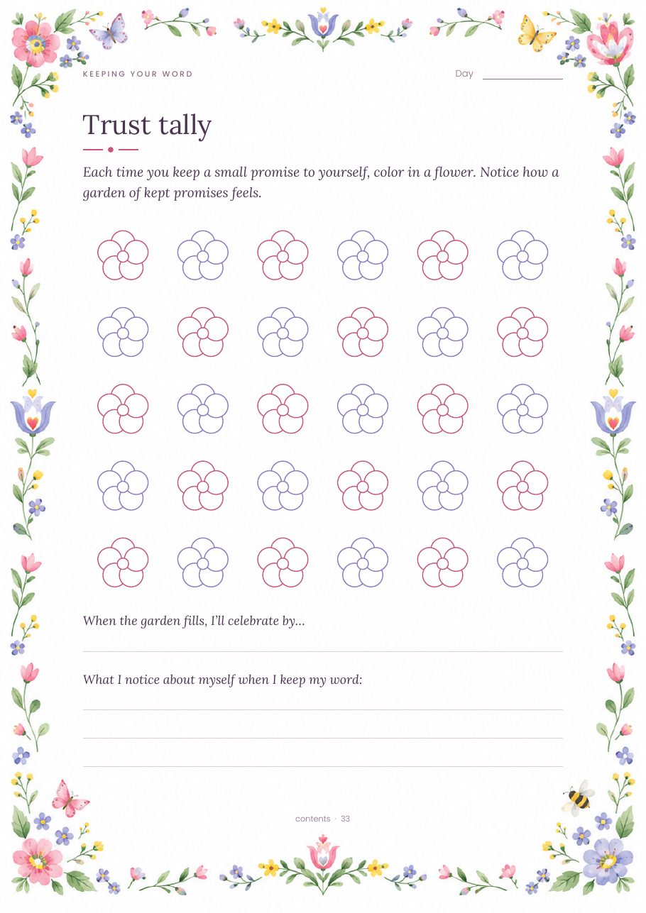 The Trust tally page: a garden of thirty flowers to color in each time you keep a small promise