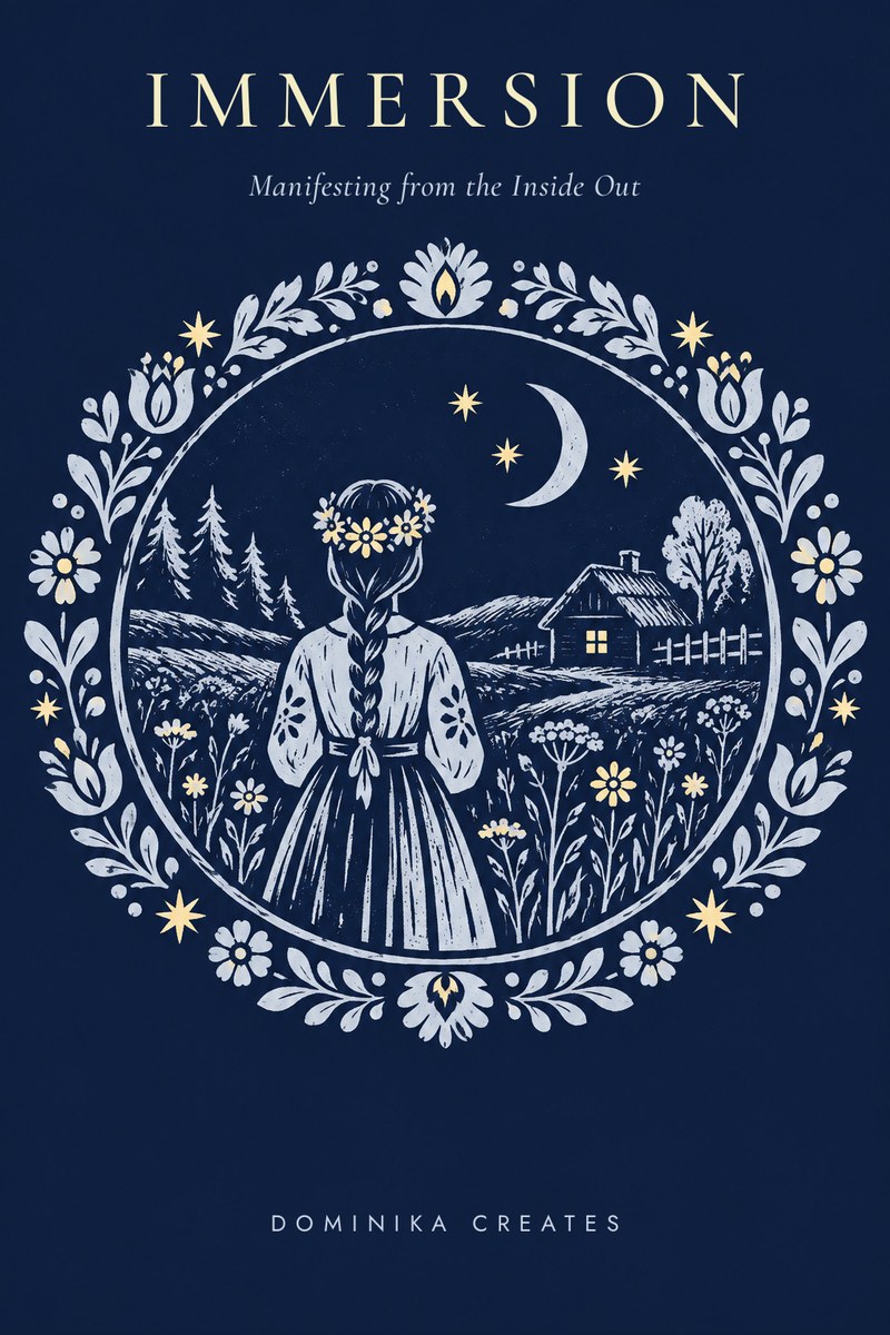 Immersion: Manifesting from the Inside Out ebook cover — a girl with a braid facing a moonlit cottage inside a ring of folk flowers