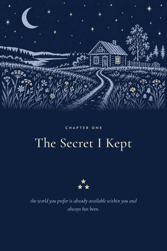 A chapter opening page with a linocut cottage under a crescent moon