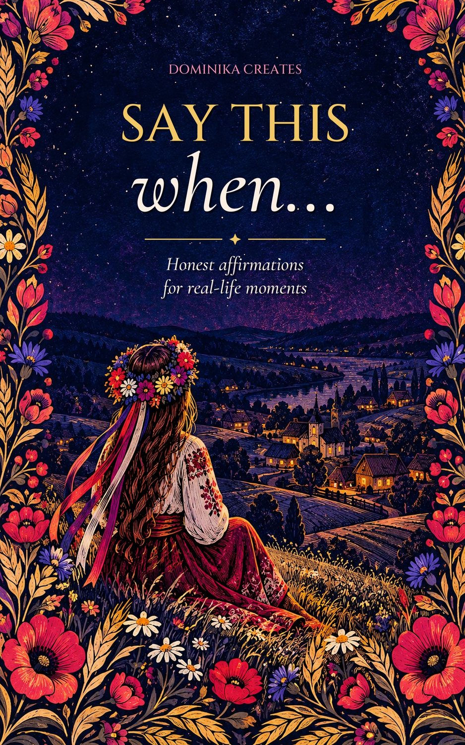 Say This When… ebook cover: a woman in a Polish flower crown sitting on a hill above a village at night