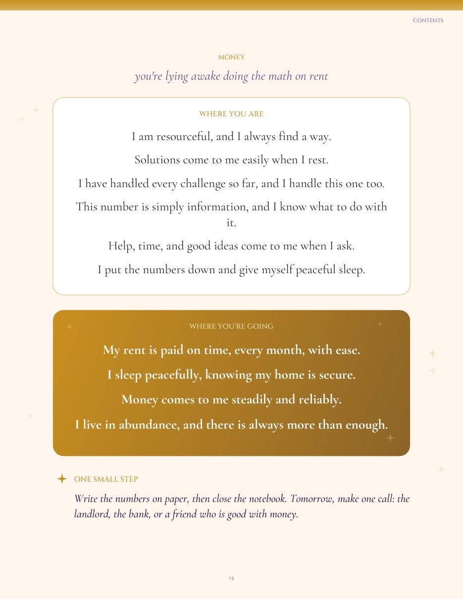 An affirmation page with a white Where You Are card and a gold Where You're Going panel