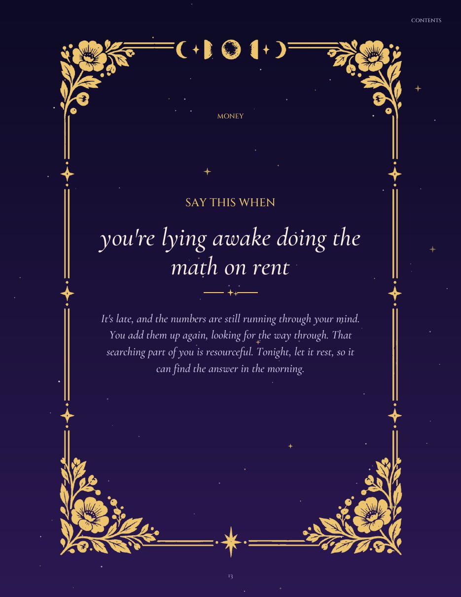 A night-sky page with a gold folk-art frame, reading: Say this when you're lying awake doing the math on rent