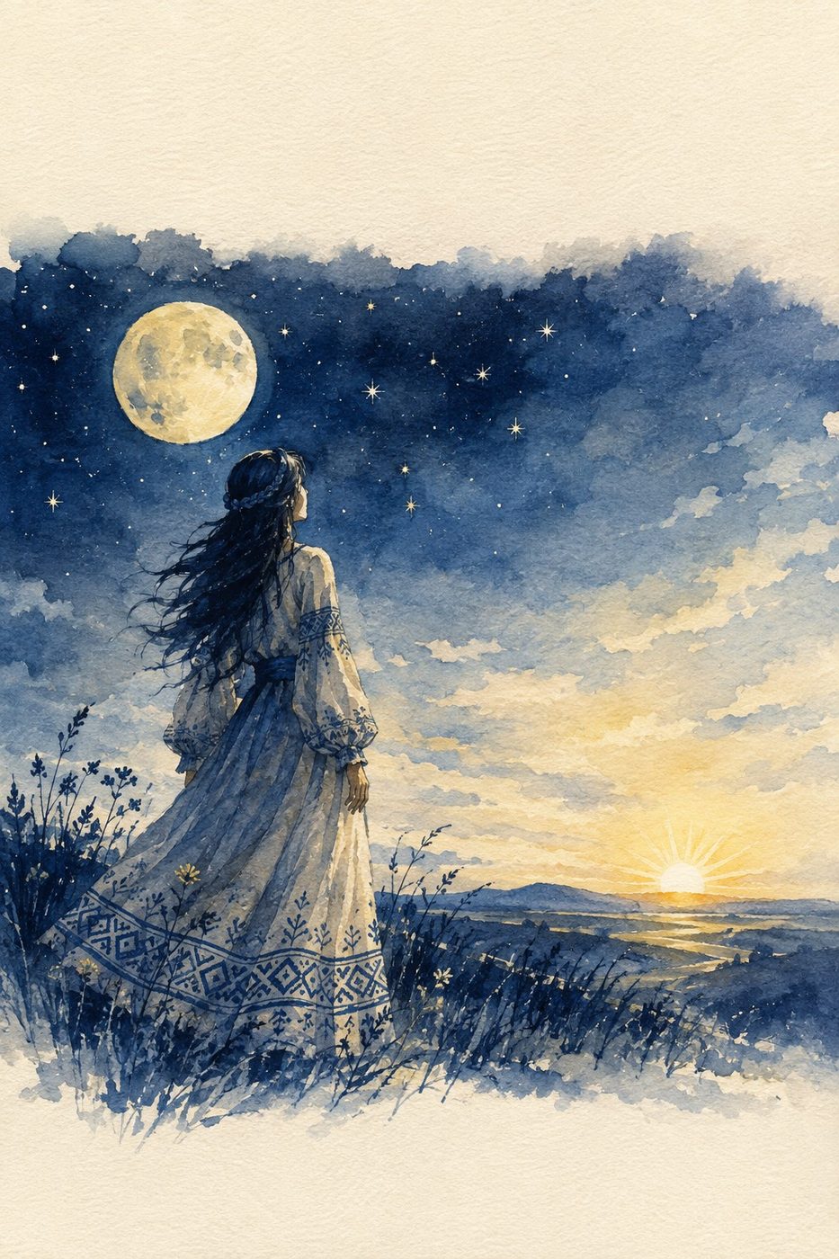 Cover of The Visionary: A 90-Day Slavic Manifestation Journal — a woman in embroidered dress watching the moon and stars above a rising sun